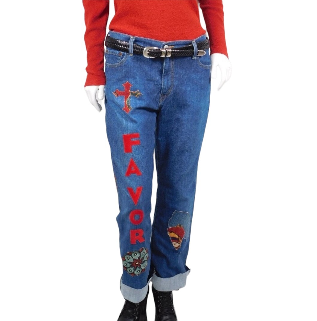 Upcycled Denim Boyfriend Blessed Patchwork Jeans … - image 1