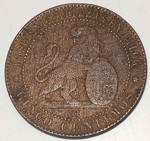 1870 OM Spain 5 Centimos coin Worn condition KM#662 - Picture 2 of 3