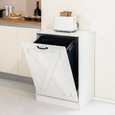 13 Gallons Tilt Out Trash Can Cabinet, Wooden Free Standing Kichen Waste Bin