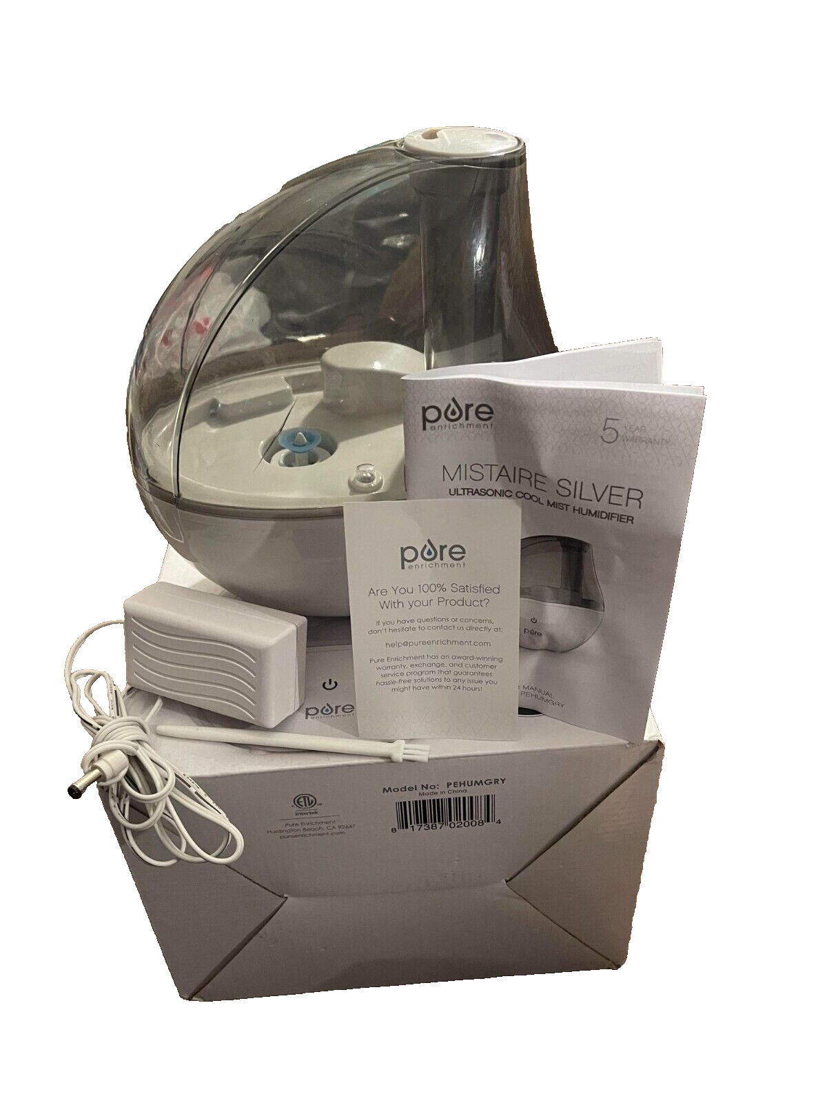 Pure Enrichment MistAire Silver Humidifier Ultrasonic Cool Mist  1.5 L  CIB