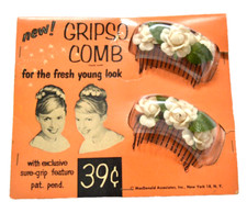 GRIPCO COMB Pair Metal Hair Combs w/White Cloth Flower Design NOS Vintage Japan
