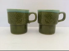 VTG STACKABLE COFFEE CUP/MUGS, AVACADO GREEN, D HANDLE, MADE IN JAPAN (LOT OF 2)