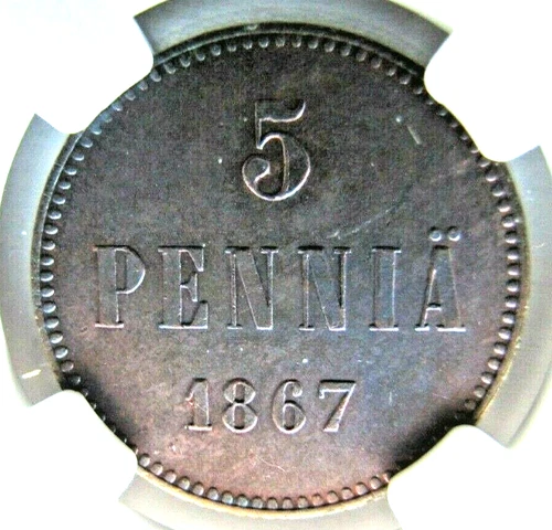 Finland KM4.1, 5 Pennia 1867 NGC MS 62 BN