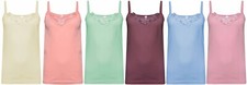 6 Womens Plain Stretch Cotton Vest Lace Trim Camisole Tank Top Pack of 6 Colours