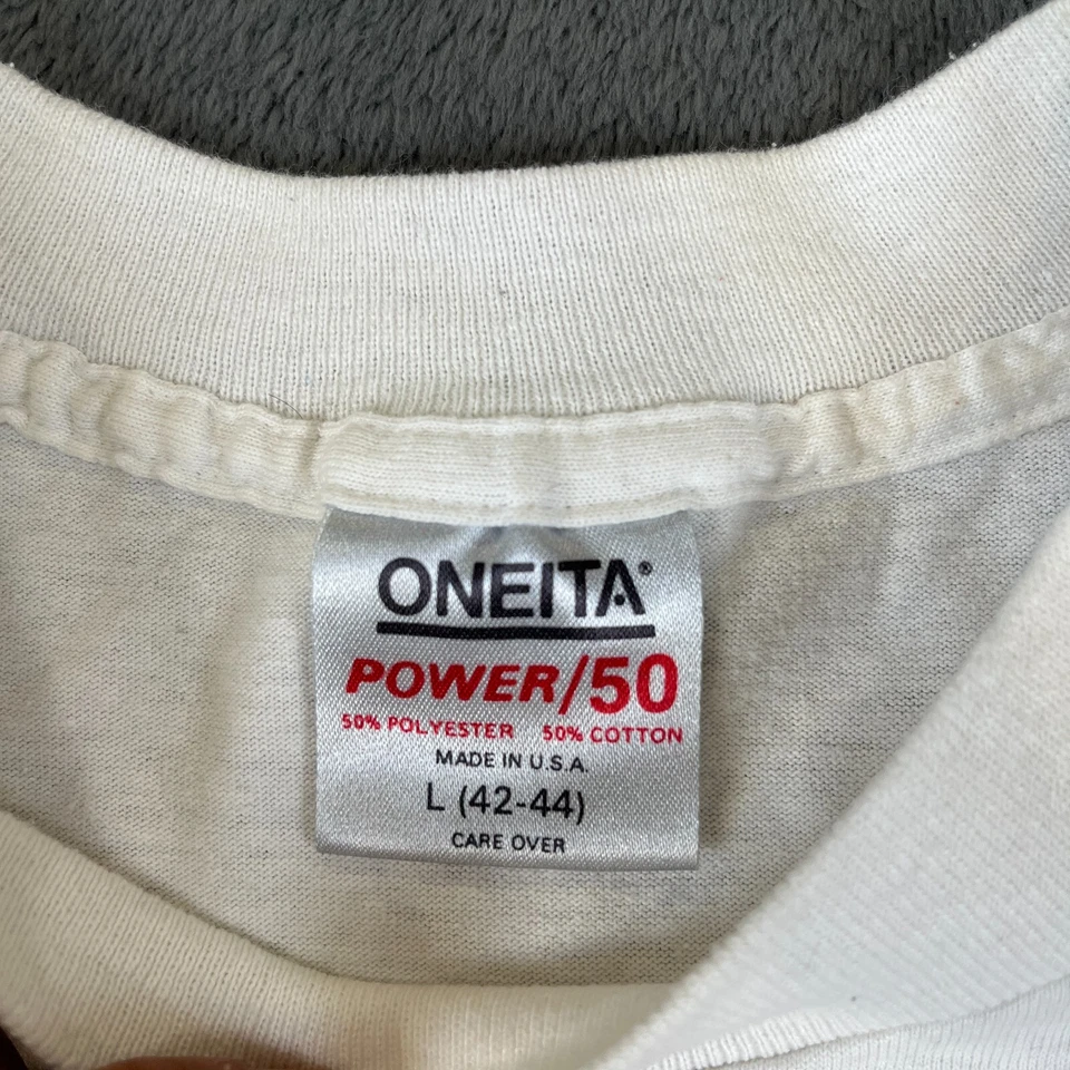 Camiseta blanca vintage Oneita Rush 1989 puntada única para mujer talla grande frat Foto 3 de 4