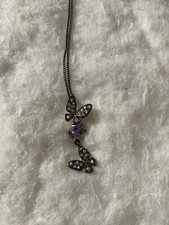 925 Crystal Butterfly Pendant Necklace Sterling Silver Purple Cubic Zirconia 16  