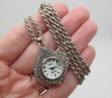 Vintage Quartex Quartz Silver Tone & Marcasite Rope Twist Chain Watch Necklace