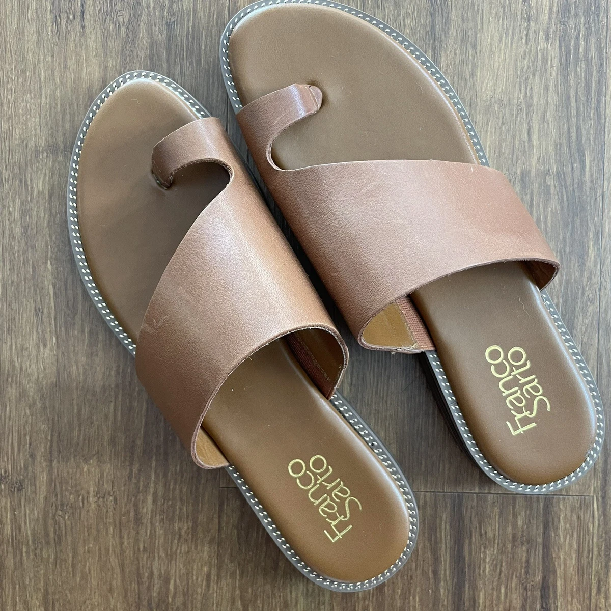 FRANCO SARTO Sandal Womens 7.5 Leather Gem Brown Cognac Toe Summer