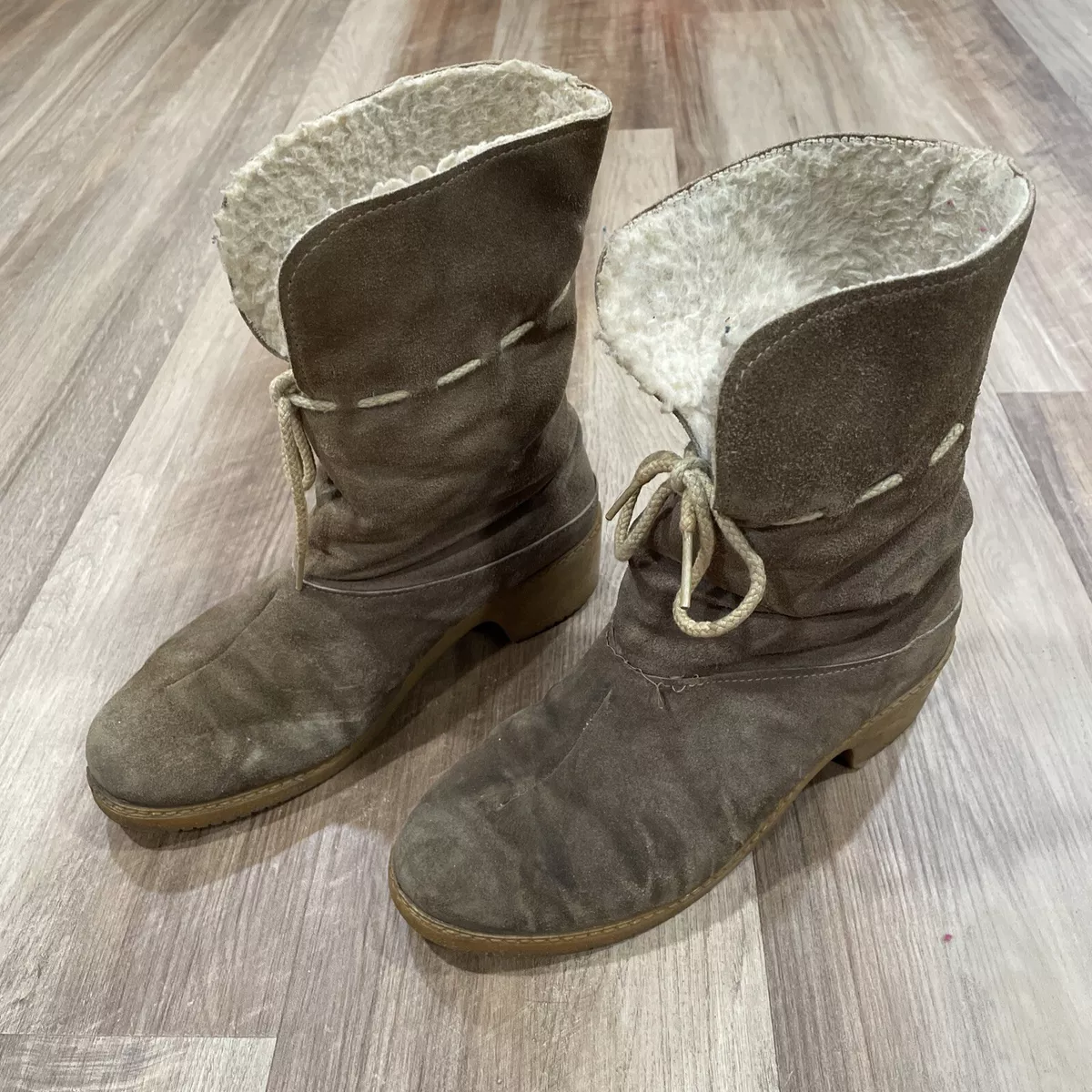 VTG 70s SEARS western Leather Suede Faux Shearling Lined Boots Tie Size 8 USA