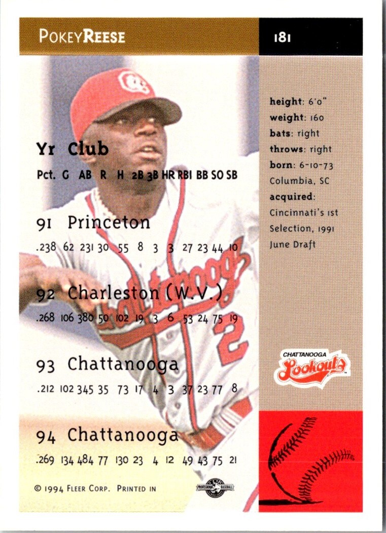 1994 Fleer Excel Pokey Reese 181 Chattanooga Lookouts Baseball Card eBay