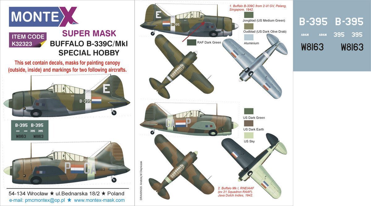 Montex 1/32 masks, markings & decals for BUFFALO B-339C/MkI by SPECIAL HOBBY - K32323 Montex 1/32 masks, markings & decals for BUFFALO B-339C/MkI by SPECIAL HOBBY - K32323
