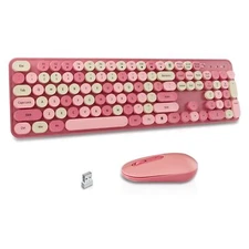 Wireless Keyboard and Mouse Combo Round Keycaps Retro Typewriter Keyboard Sil...