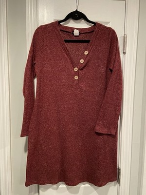Hemish USA Size M Burgundy Ribbed Knit Long Sleeve Henley Mini Dress Wood Button