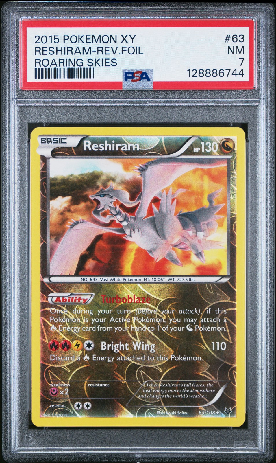 POKEMON #63 RESHIRAM REVERSE HOLO PSA 7 2015 XY ROARING SKIES POP 22