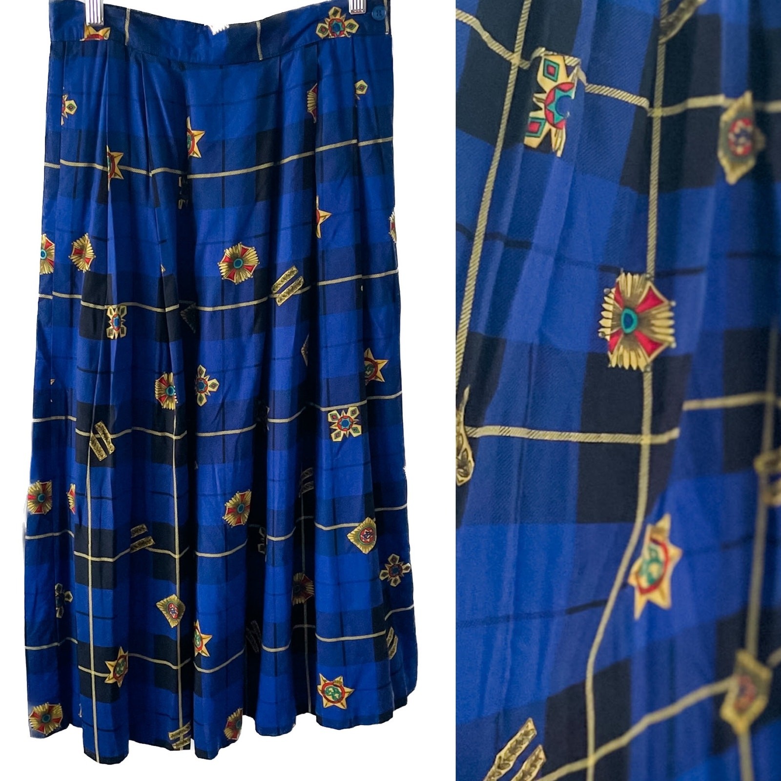 Vintage Pleated Atlantic Star Plaid Luxe Print Midi Skirt size S/M 6/8 small
