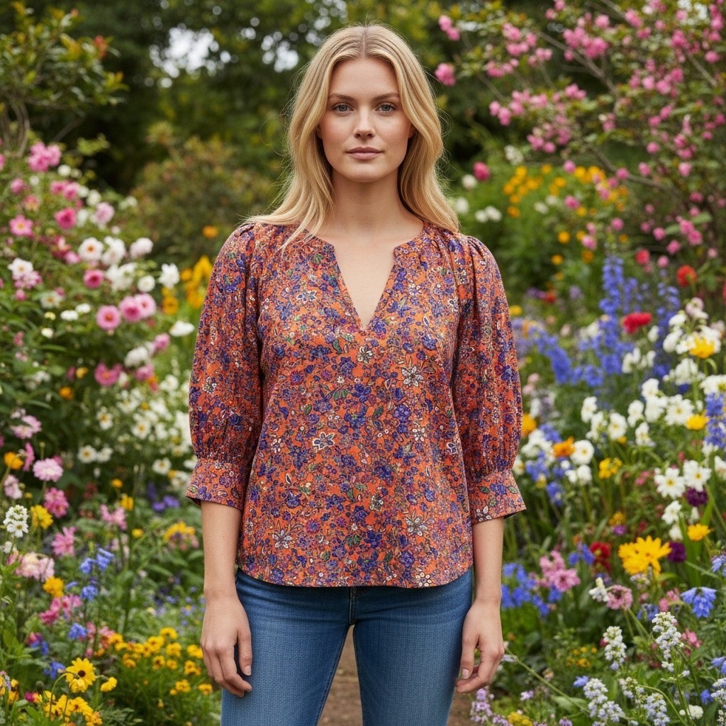 Universal Thread Floral Split Neck Puff Sleeve Bl… - image 1