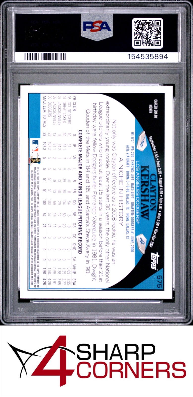 2009 TOPPS #575 CLAYTON KERSHAW DODGERS PSA 10 view 2