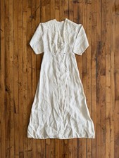 Antique Edwardian Linen Lace Wrap Front Ivory Walking Over Dress Gown Size XS/S