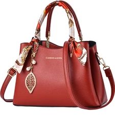Women's 3-Way Shoulder Bag, Tote Bag, Crossbody Bag, Red, Premium Lizhi Pattern