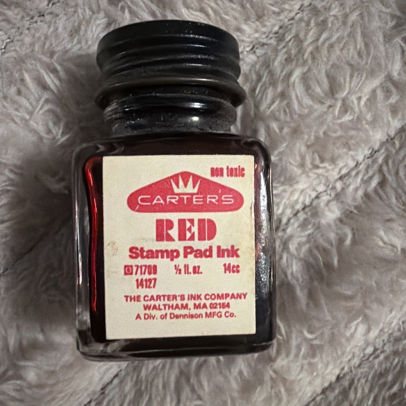 Vintage Carter's Red Stamp Pad Ink Bottle 1/2 OZ With Ink Made in USA Z8