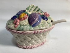 Vintage Retro Ceramic Sugar Container With Spoon Portugal Decorative Collectible