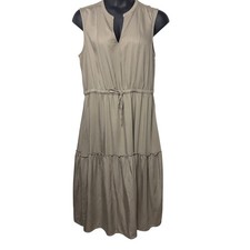 Lands End Womens Size X-Large Tan Sleeveless Tiered Midi Dress Pockets