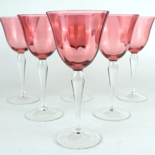 Set of 6 Steuben Rosaline-Pink Optic Crystal Goblets Stemware — Shape #3072