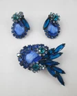 Vintage Blue Rhinestone Brooch and Clip Earrings Set  Costume Jewelry