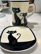 Hues N Brews Cup And Saucer Black Cat EUC