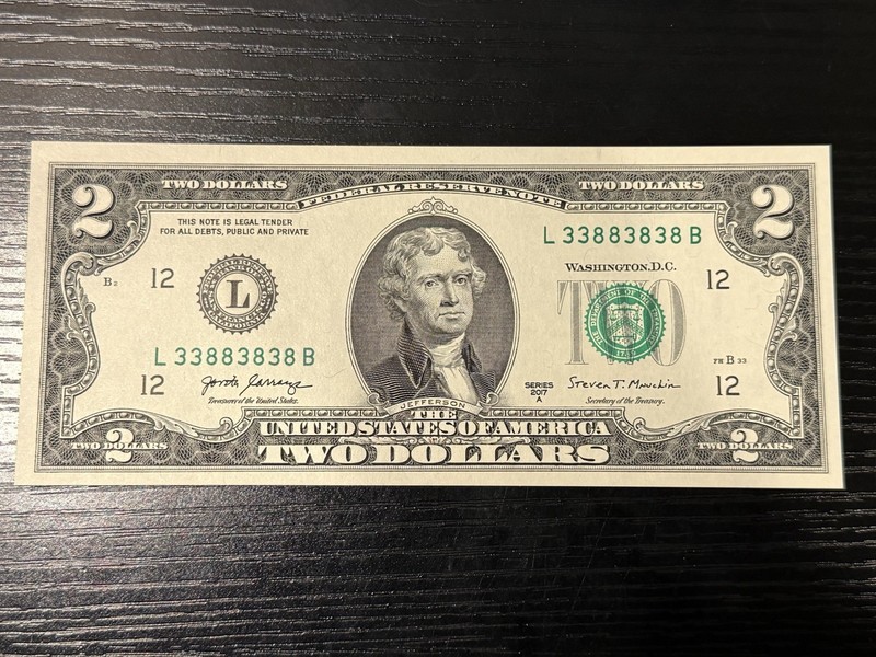 2017A $2 DOLLAR FANCY BINARY 3's & 8's - GEM UNC SN L 33883838 B