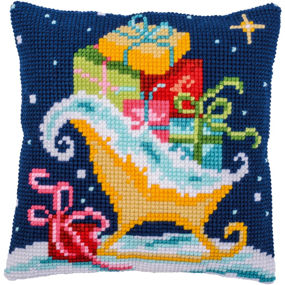 Vervaco stamped cross stitch kit cushion ""Sleigh"", 40x40cm