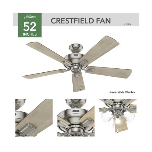 Hunter Fan Crestfield Ceiling Fan 52In Nickel Bleached Grey Pine - Picture 4 of 8