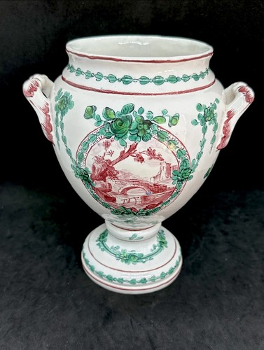 Urna maneggiata ceramica bianca vintage dipinta a mano in Francia rosso e verde - Foto 11 di 15