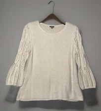 Vintage J Jill Women Knit Sweater Large Ivory Angora Blend Cable Bell Sleeves
