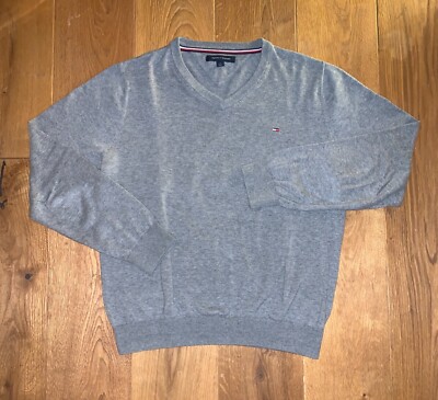 Tommy Hilfiger Mens Jumper Fine V Neck Grey 50 M 100% Cotton