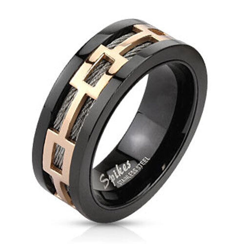 Stainless Steel Men's Rose Gold Plated Design Over Black Wire Band Ring - Picture 1 of 5
