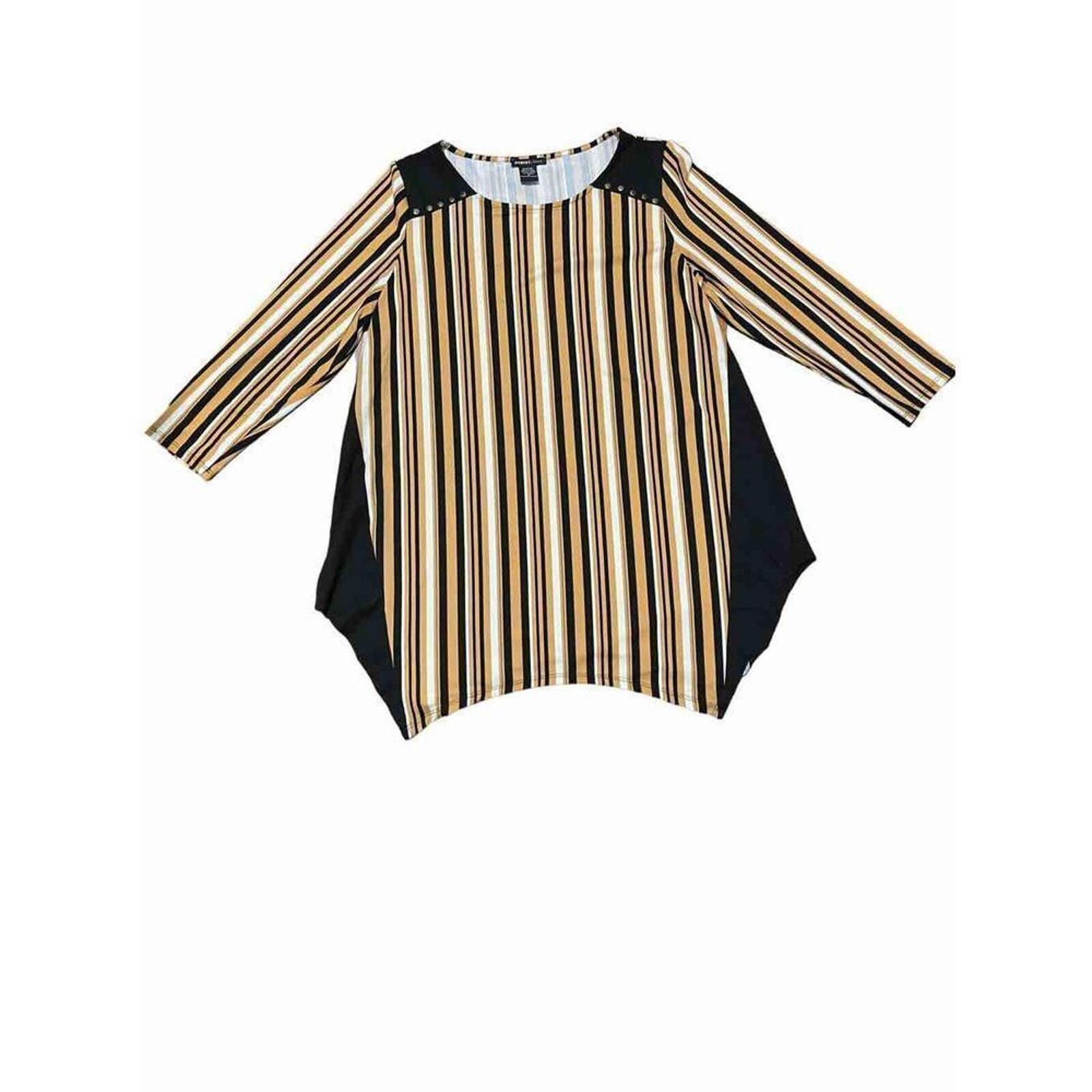 Robert Louis Striped Studded Detail 3/4 Sleeve Top Black Gold White Small