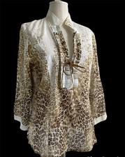 Javier Simorra SIM SIM Size 12 Popover Tunic Top White Leopard Laces V Neck