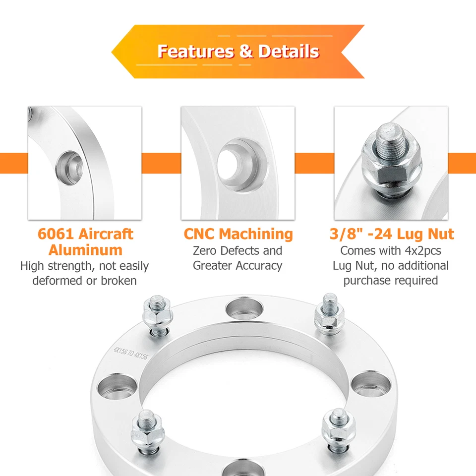 2x espaciadores de rueda de 1 pulgada 4x156 3/8-24 rosca para 16+ Polaris General 1000/XP 1000 Foto 4 de 4