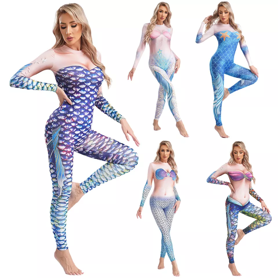 Womens Jumpsuit Carnival Mermaid Costume Dress Up Uniform Shiny Bodysuit Soft - Image 2 of 3