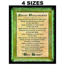 IRISH PHILOSOPHY WHY WORRY SIGN STICKER VINTAGE REPLICA SIGN. Makes A Great Gift