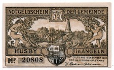 1921 Germany Husby Notgeld 75 Pfennig Note (3152)