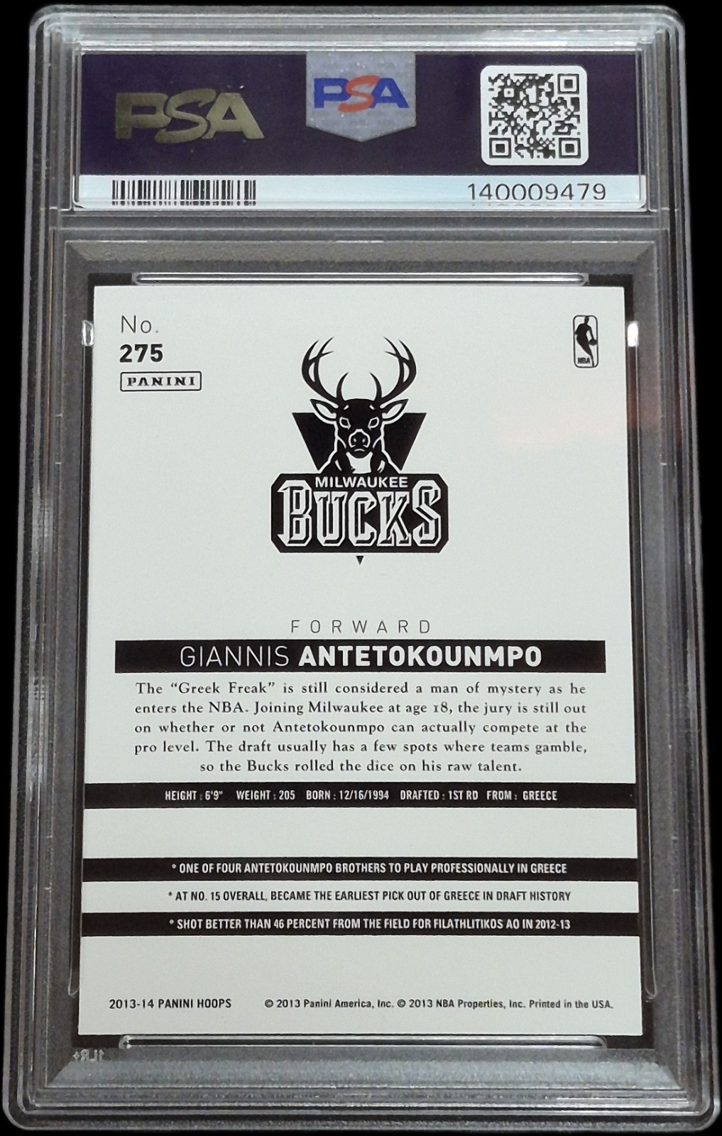 Panini 2013-14 NBA Hoops Giannis Antetokounmpo #275 RC PSA 9 Bucks view 2