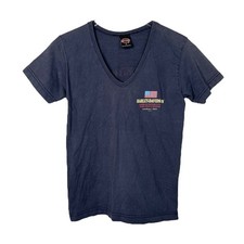 Harley Davidson VTG 90s V-Neck Baby Tee T-Shirt Biker Navy Blue Womens M Medium