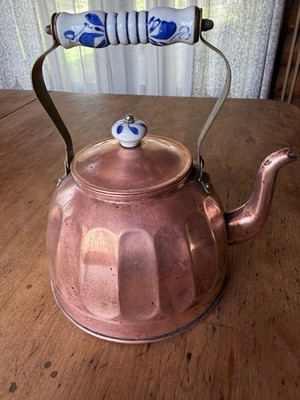 vintage copper kettle  blue and white Delft-style Porcelain ''decor Only''