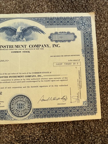 1982 “Potter Instrument Co. Inc.”Common Stock Certificate 5 Shares Par Value 25c - Picture 4 of 5