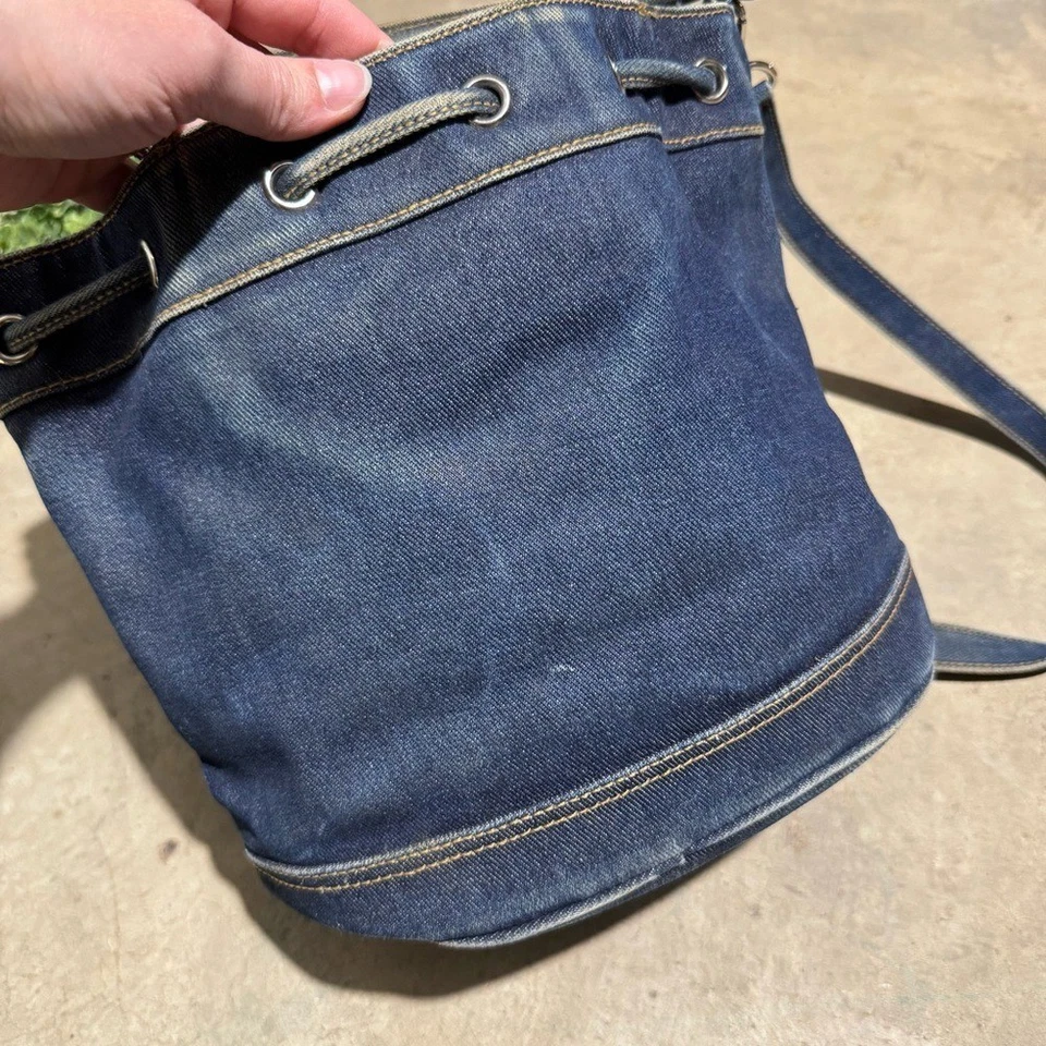 Tommy Hilfiger Denim Jean Drawstring Bucket Bag Purse Y2K 90s Vtg Preppy Neutral - Image 4 of 4