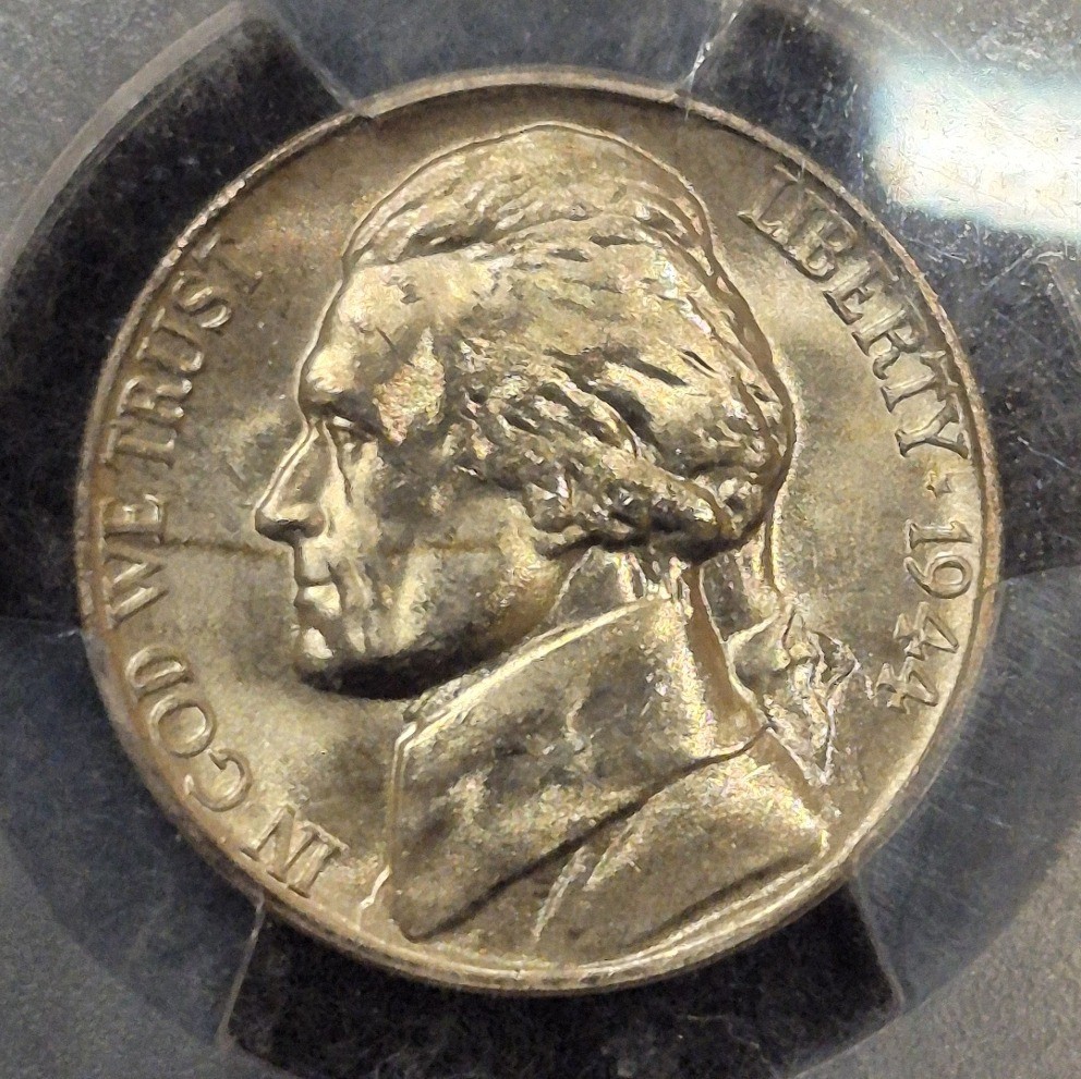 1944-D war nickel obverse, Thomas Jefferson