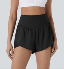 New Halara Breezeful Crossover Mesh Hem Shorts Women XL Black High Waisted Yoga