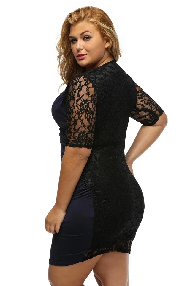 Plus Size Bodycon Dress Black Lace Sleeves Ruched V Neck Cocktail Party New - Image 4 of 4